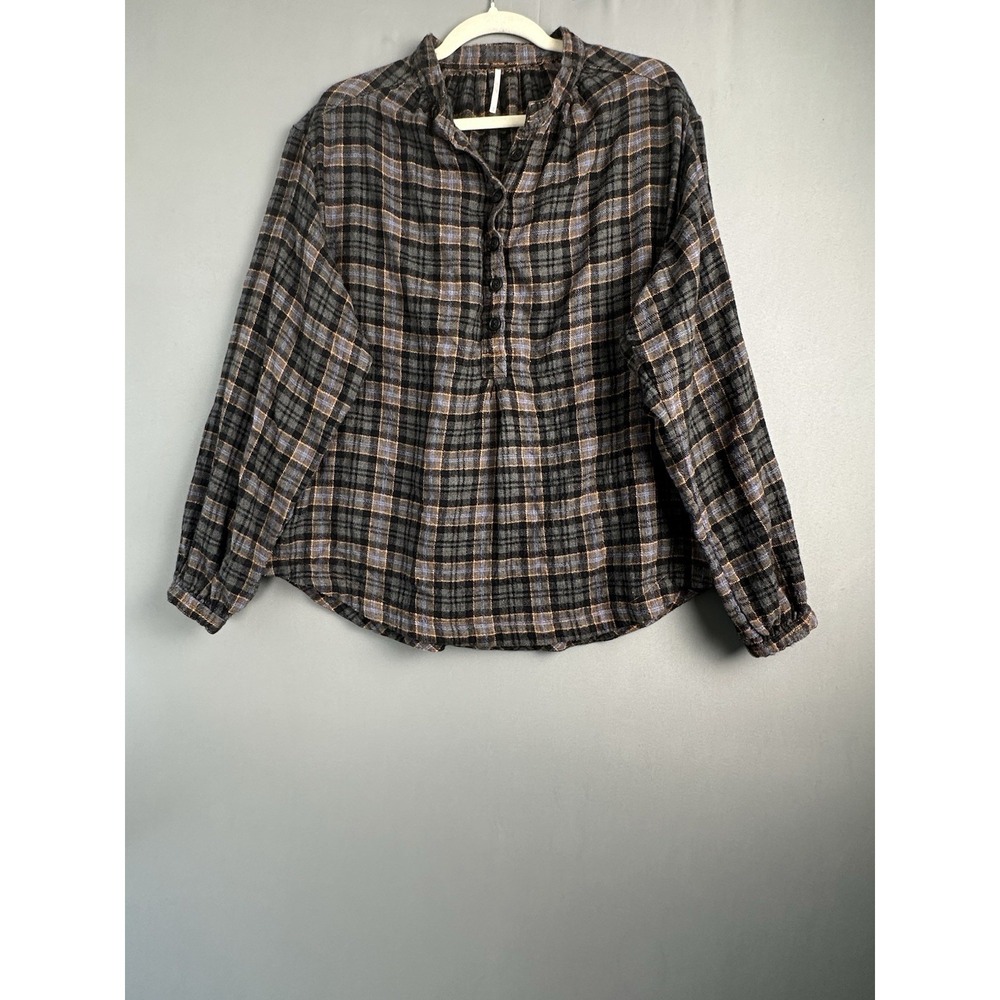 Free People XS Plaid Flannel Blouse Black Blue Rust Bishop Sleeves Button Front